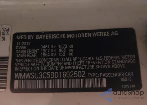 2013 Mini Hardtop Cooper z USA, uszkodzony, nr VIN WMWSU3C58DT692502